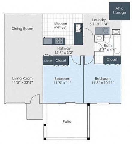 Floor plan for 2 beds, 1 bath, 864 sqft